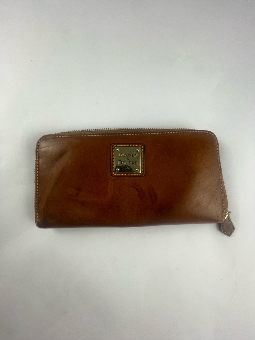 Dooney & Bourke Cognac Brown Leather Zip Wallet with Logo Plaque